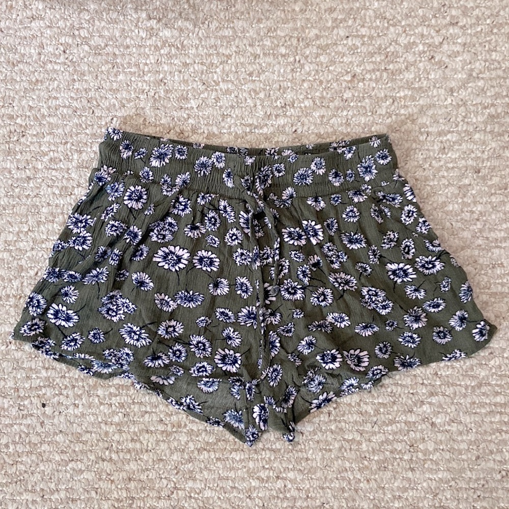 Olive Green Flowy Shorts with Floral Design